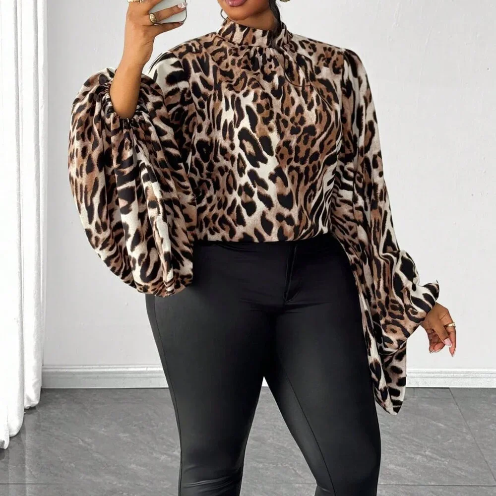 Khaki Elegant Women's Leopard Print Long Sleeve Plus Size Shirt